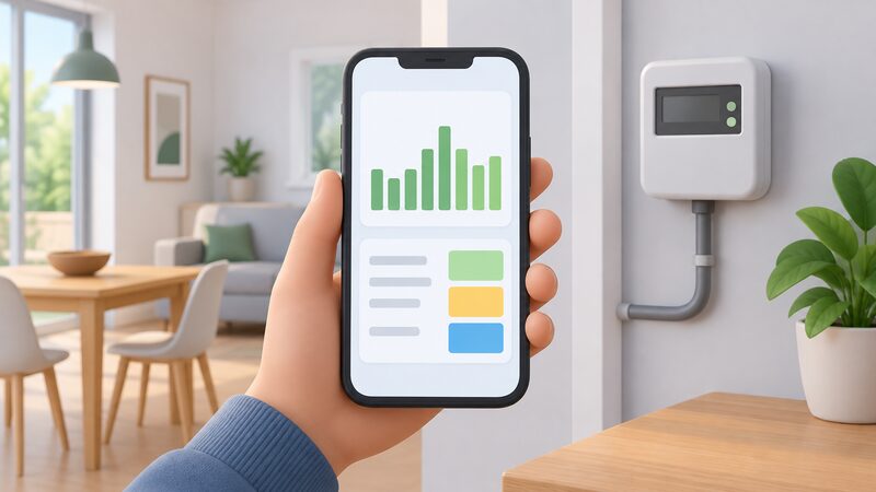 A hand holding a smartphone displaying an energy app screen with a plain usage bar graph and a bill summary shown as blank lines and colour bands, with a smart meter visible on a wall in the background of a home interior.
