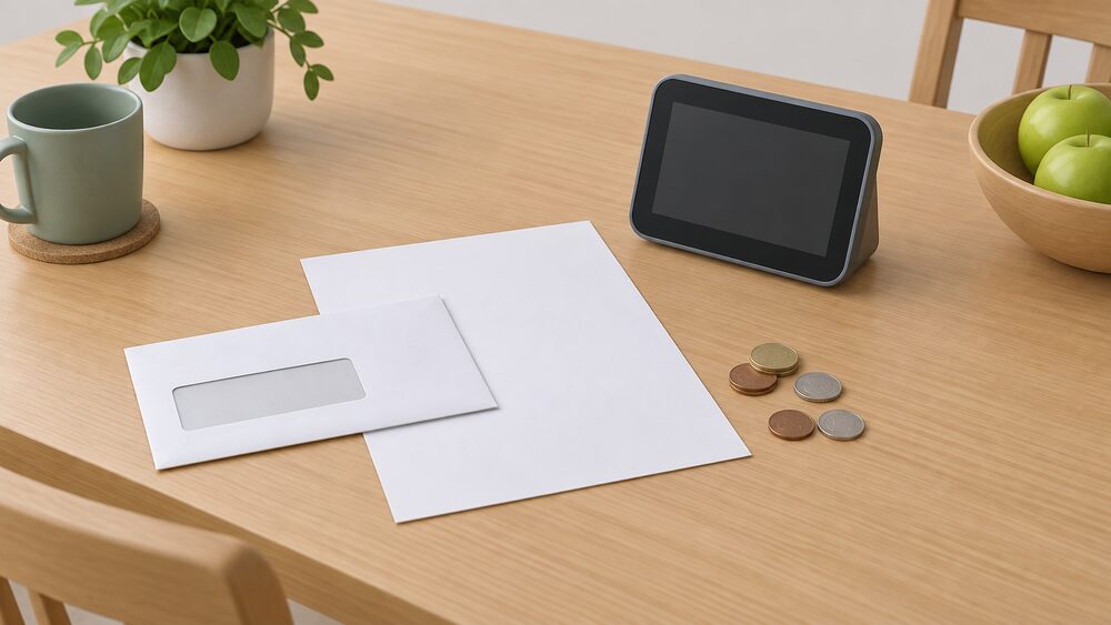 A kitchen table seen from above with a blank energy bill and a windowed envelope lying flat, a small pile of coins beside them, and a smart meter's in-home display standing at the edge showing a blank screen.