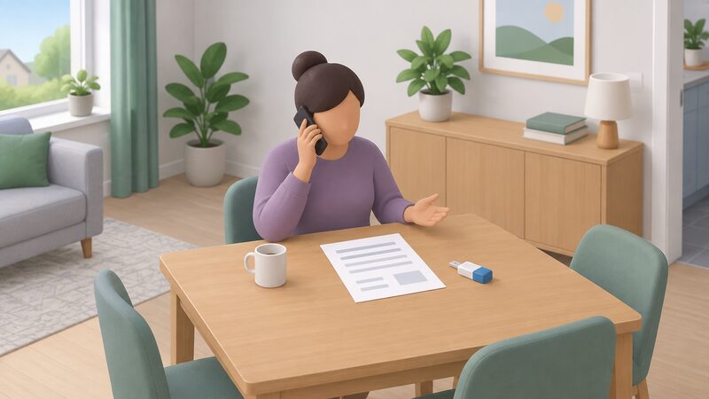 A householder sits at a table at home on the phone to an energy adviser, an energy bill and a prepayment meter top-up key lying on the table beside them as they discuss the balance and a repayment arrangement.