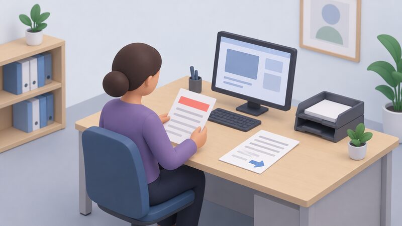 A simplified adviser figure sits at a desk in an advice office, reviewing a printed case note marked with a plain warning band about disconnection risk, with a screen and referral form beside it before passing the case onward.
