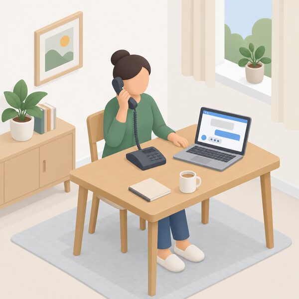 A simplified isometric figure sits at a home table holding a telephone handset to their ear, making a free call to an energy advice helpline, while beside them a laptop screen shows a webchat window with plain message blocks as an alternative contact route.