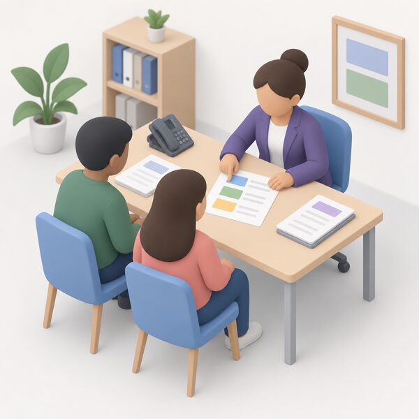 An adviser at a desk with a household sits across from them, pointing at a printed sheet showing plain blocks while a phone and supplier paperwork lie nearby, showing a benefits entitlement check and a negotiated repayment arrangement in progress.