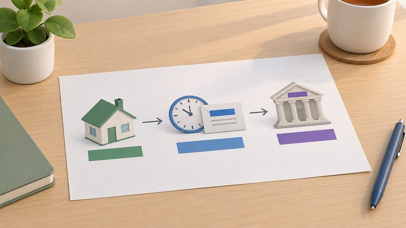 A printed timeline sheet lying on a table showing three plain stages in order: a house icon labelled only by a supplier colour band, a clock and a letter marked with a plain band, then an ombudsman-style building icon, connected left to right by a simple arrow line.