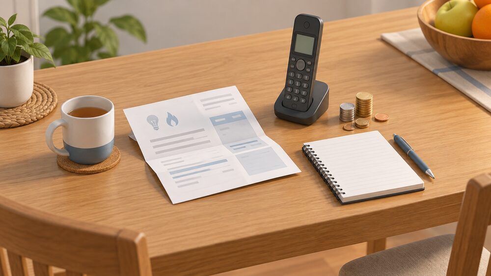 A kitchen table with a folded energy bill and a blank notepad beside a cordless telephone and a small stack of coins, arranged as the moment a householder sits down to call a free advice line about an energy debt.