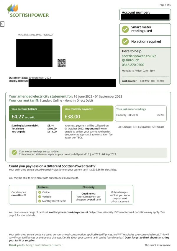 A sample ScottishPower electricity statement showing account details, balance, monthly direct debit and tariff information