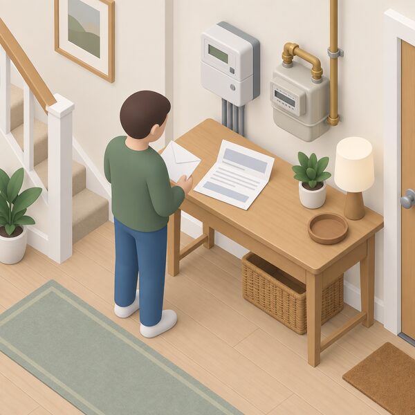 A supplier's letter about a Direct Debit change lying open on a domestic hallway table beside an electricity meter and a gas meter, with a simplified figure standing nearby holding the envelope it arrived in.