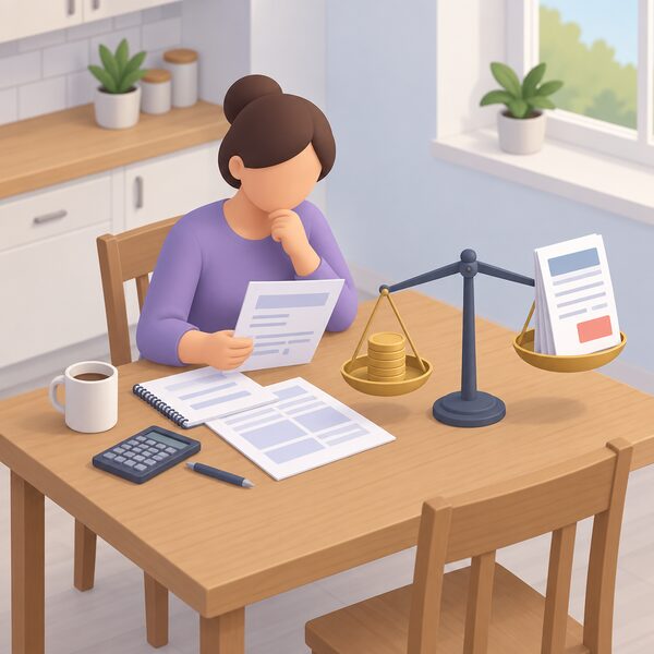 A person at a kitchen table weighing a household budget, with a printed energy bill and a simple balance scale comparing a steady fixed monthly payment against the risk of a larger catch-up bill after a review.