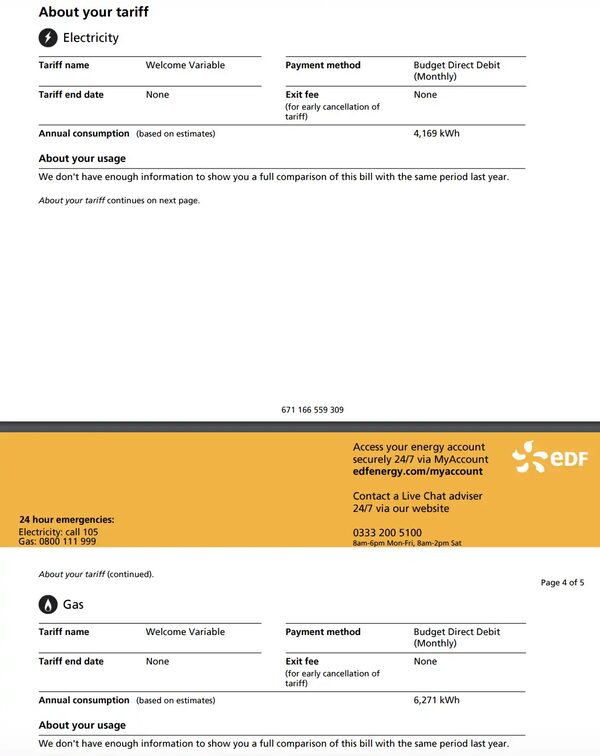 Pages from an EDF Energy dual-fuel bill showing tariff details, annual consumption and contact information