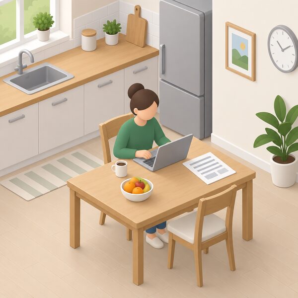 A simplified isometric figure at a kitchen table completing a Direct Debit setup for a new energy supplier on a laptop or paper form, with no engineer or supplier visit, ahead of the switch takeover date.