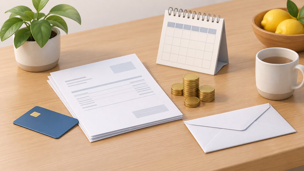 A small tabletop arrangement showing a blank energy bill and a bank card beside a neat stack of coins representing a credit balance, with a calendar and a sealed envelope with a refund cheque tucked beside them, all on a plain kitchen table surface.