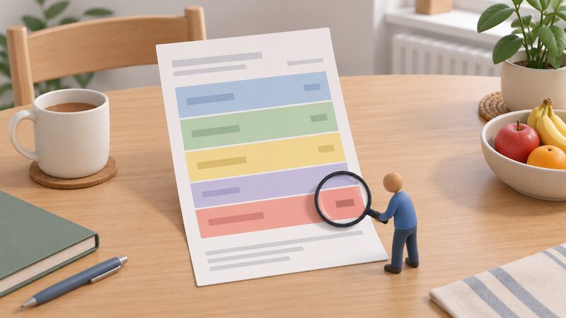 A printed domestic energy bill lying on a household table, drawn as a tall sheet divided into stacked plain colour bands representing wholesale, network, operating, VAT and policy cost elements, with the policy cost band highlighted in a distinct colour and a small magnifying glass held over it by a simplified figure.