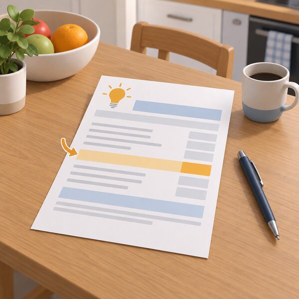 A paper domestic electricity bill lying on a kitchen table beside a pen, drawn as a physical sheet with plain colour bands and blank lines for the itemised charges, one highlighted band standing for the policy cost line being moved to taxation.