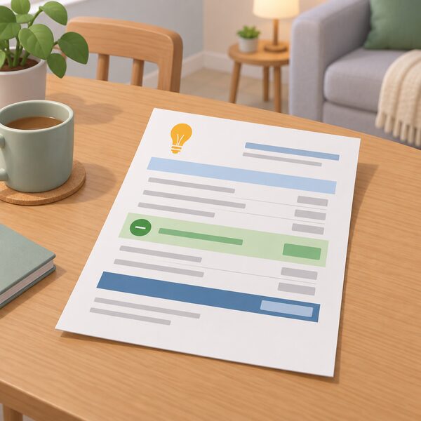 A paper electricity bill lying on a table in a home, shown as a physical document with plain colour bands and blank lines, with a highlighted discount band representing the Warm Home Discount rebate reducing the amount due, and no readable words or figures anywhere on it.