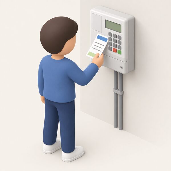 A simplified isometric figure stands at a home electricity prepayment meter holding a paper top-up voucher, about to enter it at the meter keypad, with the voucher shown as a plain printed slip carrying only blank lines and plain colour bands.
