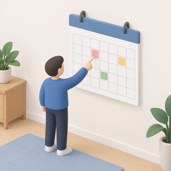 A wall calendar hanging on a plain domestic wall, drawn as a physical object with a grid of blank date squares in which several squares carry plain colour highlight blocks marking the dates when levies on energy bills change, with a simplified isometric figure standing beside it pointing at one highlighted square.