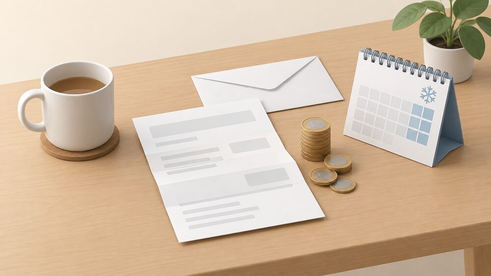 A small tabletop arrangement of a folded domestic energy bill beside a stack of coins, a plain envelope, and a calendar page, showing the moment a household works out what policy costs add to their bill.