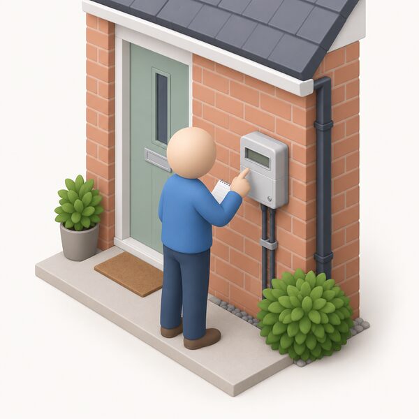 A domestic electricity meter mounted on an outside wall of a house, with a simplified figure standing beside it reading the display, showing the meter as the point from which a household reading is taken.
