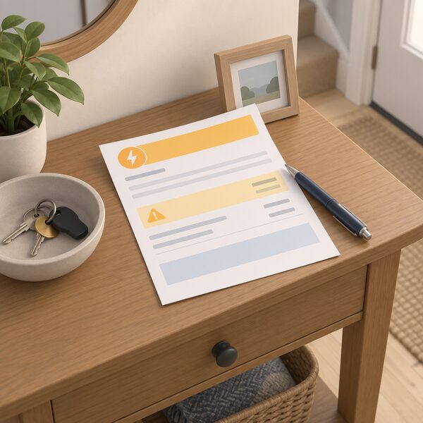 A paper electricity bill lying on a domestic hallway table beside a key bowl, with a hand-held pen resting on it and its content shown only as blank lines and plain colour bands, one band marked as an estimated reading awaiting correction.