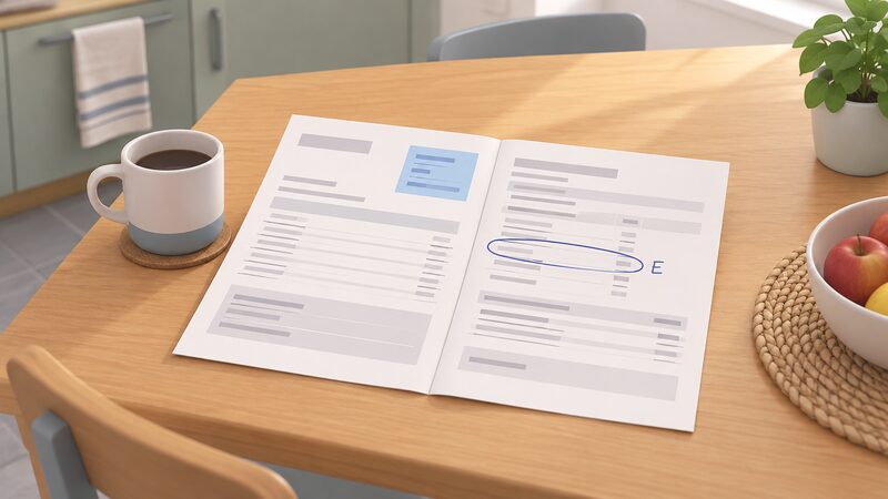 A two-page paper household electricity bill lying on a kitchen table, opened to page 2 where the meter reading line is circled in pen with a single letter E beside it, the top right of page 1 showing a plain tariff block.