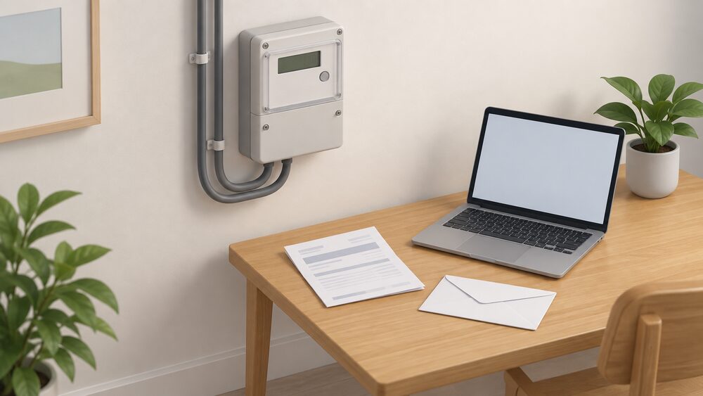 A domestic electricity meter on an indoor wall beside a small table holding a folded paper bill, a blank envelope and an open laptop with a blank screen, arranged as the moment a household reads the meter to correct an estimated bill.