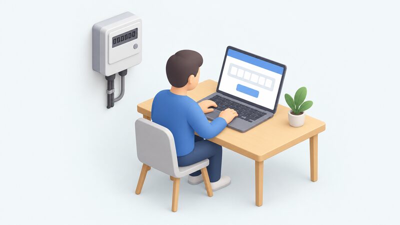 A person at a laptop enters their electricity meter's digits into an online account billing screen, with the domestic meter itself shown nearby so the read comes from the meter's own figure rather than an estimate.
