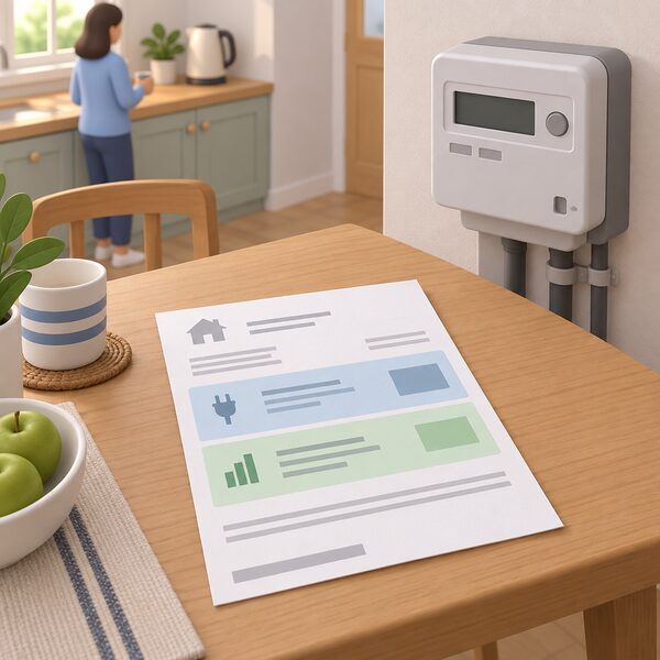 A paper quarterly electricity bill lying on a kitchen table beside a household electricity meter, the bill showing a plain colour band for the standing charge section and a separate band for the unit rate usage section, all content as blank lines and blocks with no readable figures.