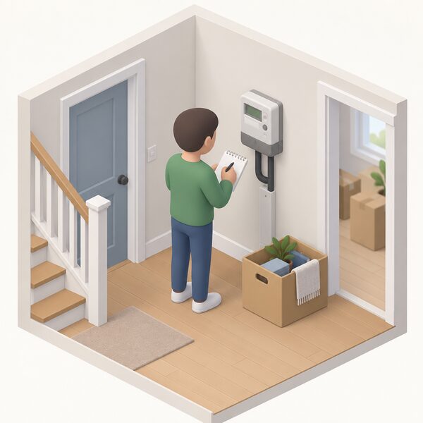 A simplified isometric figure stands at an electricity meter on an interior wall of a home, reading the display and writing the reading on a notepad, with a cardboard moving box nearby to show the move out.