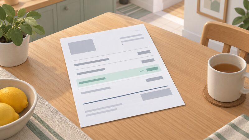 A paper household electricity bill lying on a kitchen table, its layout showing a standing charge line and a unit rate line as separate entries, with a plain colour band marking an online account discount shown as a reduction against the standard rate.