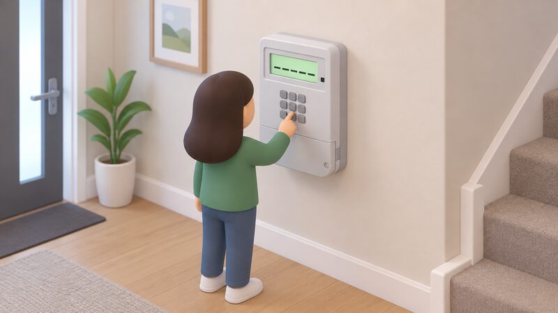 A wall-mounted Power NI Keypad prepayment electricity meter with a small isometric figure pressing keys to enter a long Powercode, shown as a plain strip of blank digit blocks, with the meter display lit.