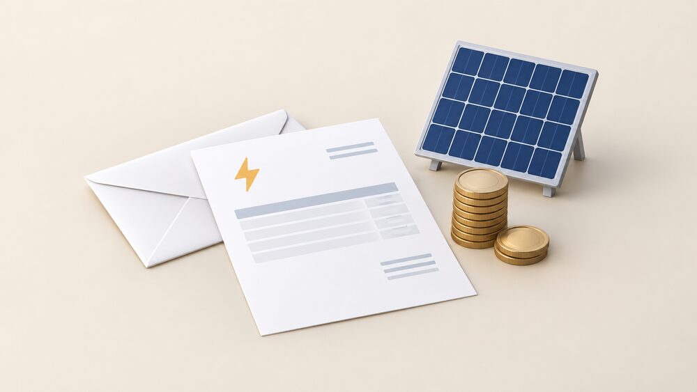 A small tabletop arrangement showing a blank quarterly electricity bill and envelope beside a stack of coins and a small model solar panel, representing a household bill and the export payment for its own generation.