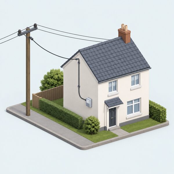 A small isometric Northern Ireland home with a domestic electricity meter mounted on its outside wall, connected by a service cable to an overhead line from a nearby pole, showing the on-grid wires the regulator covers.