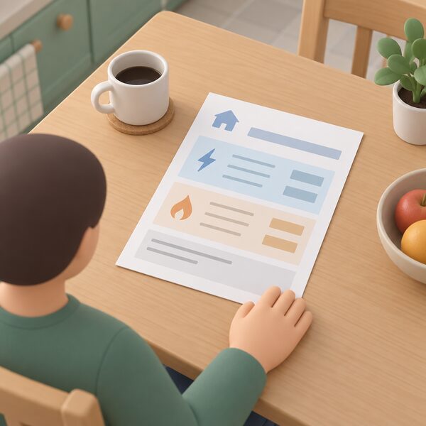 A paper household energy bill lying flat on a domestic kitchen table, its layout showing distinct sections for unit rates and standing charges rendered as blank lines and plain colour blocks, with a simple isometric figure's hand resting beside it.
