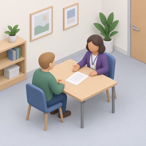 A simplified isometric householder sits across a table from an energy adviser in a plain advice-centre setting, a bill laid between them as a paper sheet with blank lines, the adviser gesturing toward it while offering free independent help.
