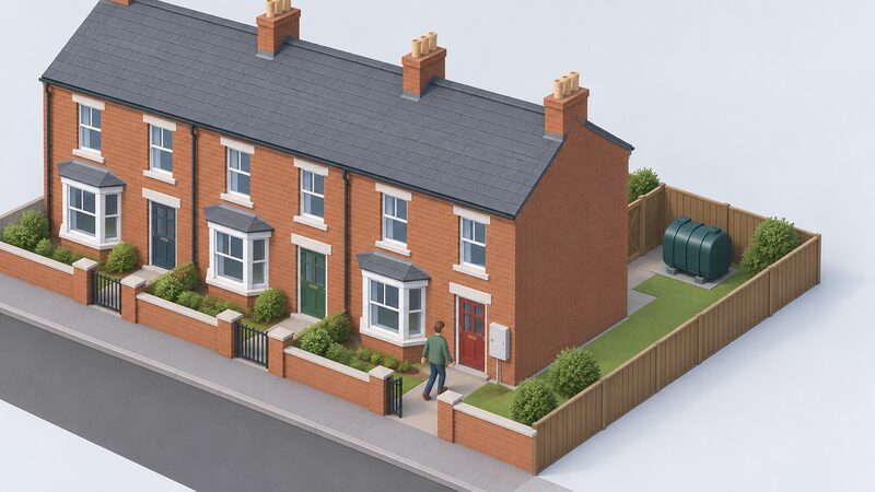 A Northern Ireland red-brick terraced house with a wall-mounted electricity meter cabinet beside the front door and a domestic home heating oil tank standing in the small back garden, with a plain-clothed resident walking up the path.