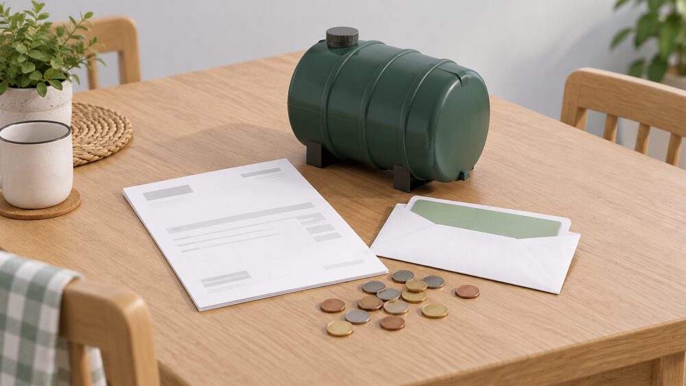 A kitchen table with a blank electricity bill, a voucher envelope and scattered coins, beside a small model of a domestic heating oil tank standing on the table, representing a Northern Ireland household's off-grid heating and electricity costs.