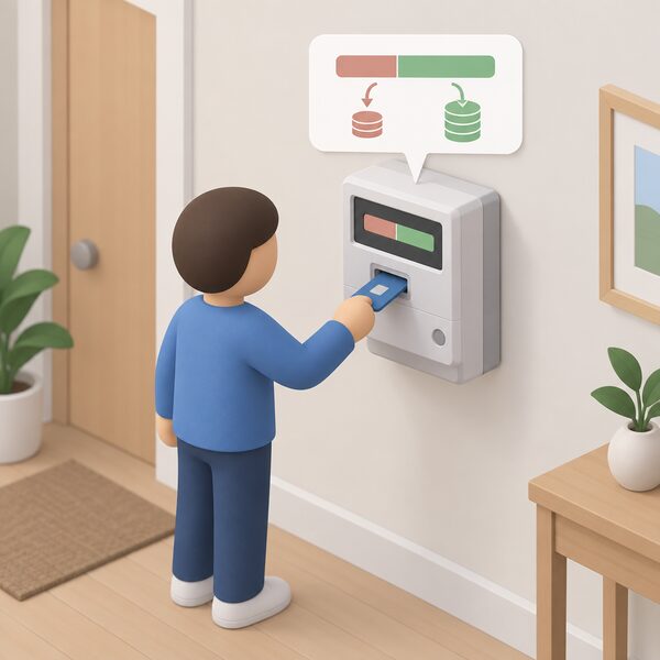 A wall-mounted electricity prepayment meter with a small isometric figure inserting a top-up card or key into its slot, and a simple cutaway or indicator showing a portion of each top-up being taken automatically to repay transferred debt.