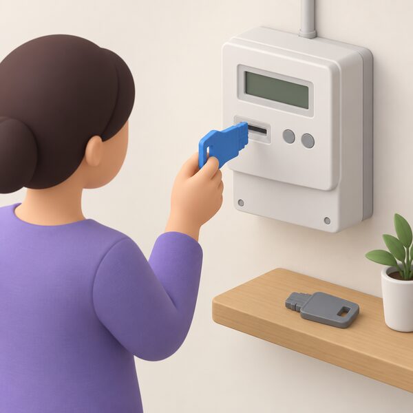 A close-up of a household's hand holding a plastic prepayment top-up key beside a wall-mounted prepayment electricity meter, with an old key lying discarded on a nearby shelf to show each key works with one meter only.