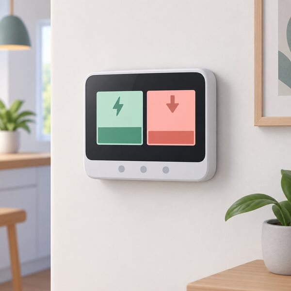 A wall-mounted smart prepayment meter display in a home, shown as a physical screen object with two separate plain blocks on its face, one representing the credit balance and one the debt, so the split is visible at a glance.