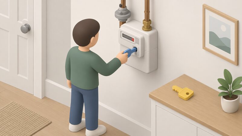 A simplified isometric figure inserts a traditional prepayment key into the slot of a domestic gas prepayment meter mounted on an interior wall, with a second, different key shown set aside to suggest keys are unique to one meter.