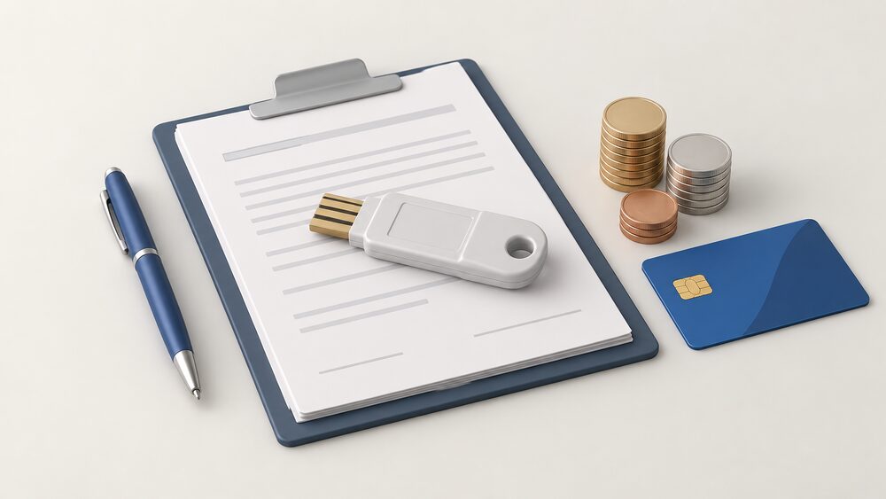 A close-up tabletop arrangement of a traditional prepayment key resting on blank written agreement paperwork, beside a small stack of coins and a payment card, suggesting the moment of topping up while part of the money goes to repay a debt.