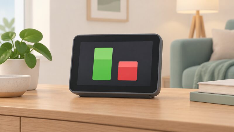 A close-up of a smart meter in-home display on a table in a home, its screen showing two separate plain blocks or bars for credit balance and debt balance side by side, with no readable words or numbers.