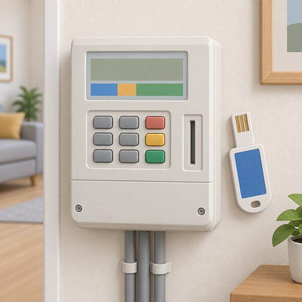 A close-up of a domestic prepayment electricity meter's keypad on a wall with a top-up key resting beside it, the meter face carrying plain blank display blocks and colour bands to suggest the screen where a share of each top-up is diverted to debt repayment before buying energy.