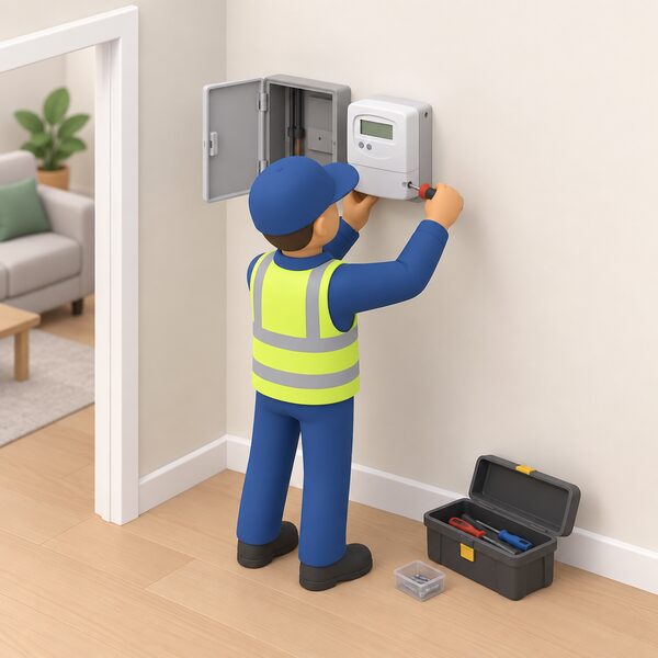 A small simplified engineer figure stands indoors at a wall of a house, fitting a prepayment meter onto the wall with a screwdriver, the meter box open beside the new meter, tools at his feet, showing the installation work a warrant allows.