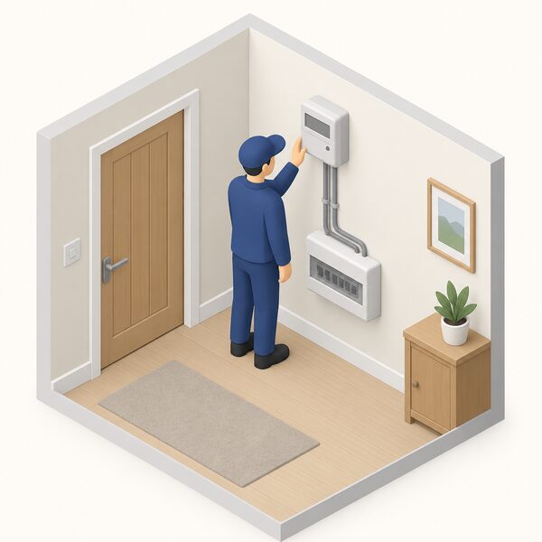 A small isometric figure of an installer standing beside a smart electricity meter mounted on an indoor wall of a plain UK home, with the meter's wiring running down to the consumer unit, the meter shown as a simple box with a blank display panel and no readable markings.