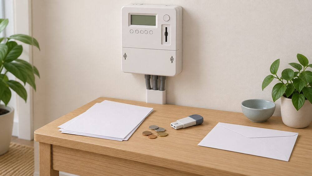 A white prepayment electricity meter mounted on a plain wall above a small table, with its top-up key resting beside blank paperwork, a few coins and a blank letter on the tabletop below.