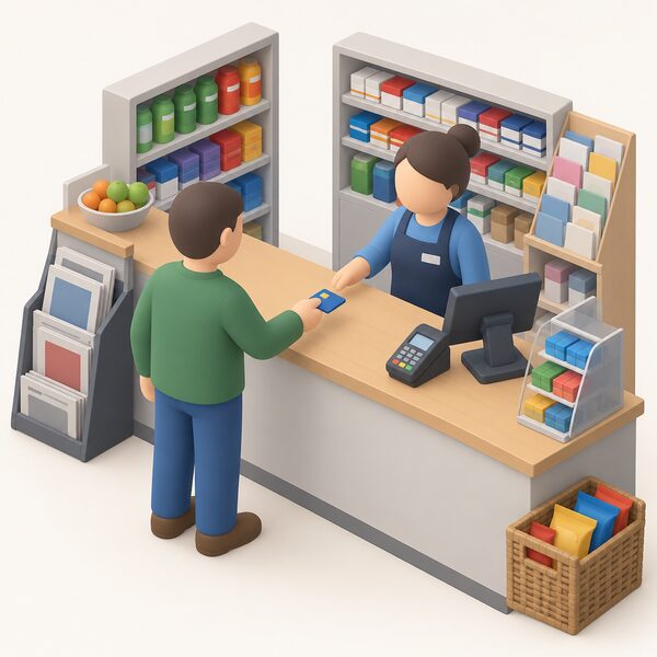 A traditional prepayment customer standing at a small newsagent-style shop counter, handing over their prepayment key or card to be recharged, with a till and card reader on the counter and the shop's counter setting shown in simple detail.