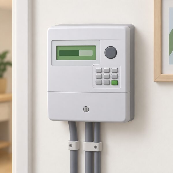 A domestic prepayment electricity meter mounted on a wall, its small display showing a plain bar of remaining credit, with no people present.