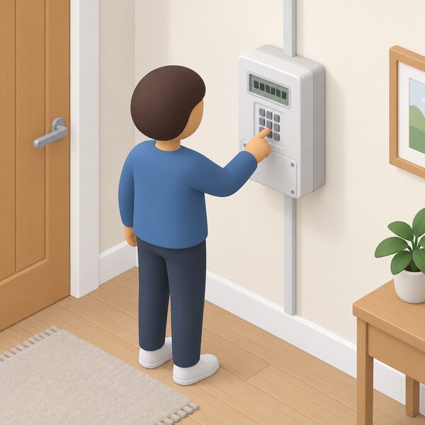 A keypad electricity meter mounted on an interior wall of a home, with a simplified figure standing before it entering a Powercode number on the keypad, the meter's small display showing plain blank character blocks.