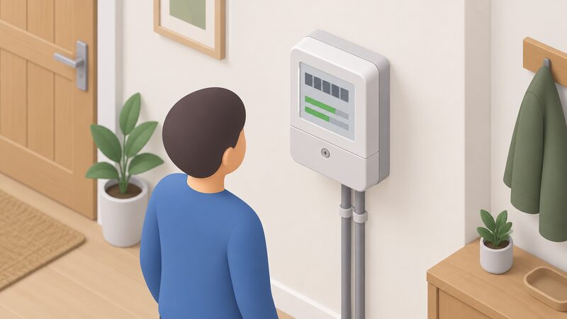 A close-up of a domestic prepayment electricity meter on a wall, its screen showing plain blocks and bars representing remaining credit after standing charge and debt deductions, with a simplified figure glancing at it.