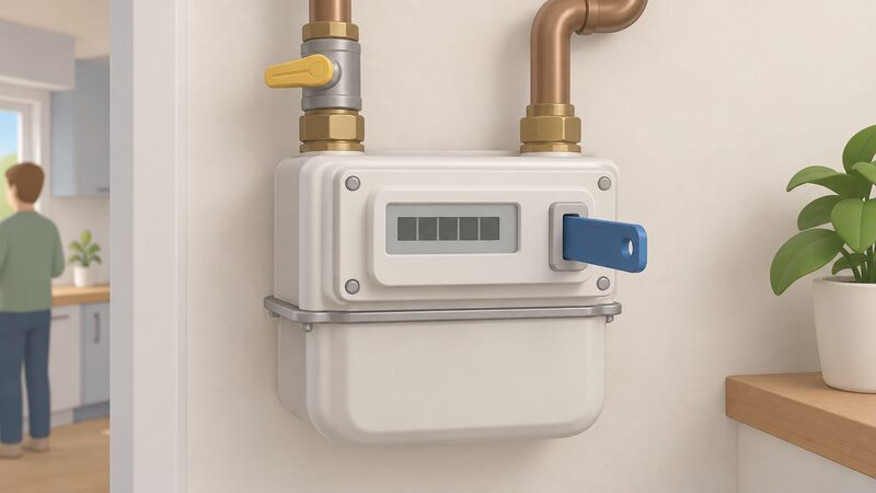 A traditional gas prepayment meter mounted on an interior wall, with its key slot holding a small plastic key and a small digital display showing credit as plain blank blocks, drawn as a simple close-up scene.